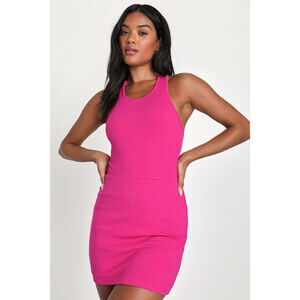 Lulus Playfully Perfect Fuchsia Ribbed Cross Back Skort Romper Pink - Size S